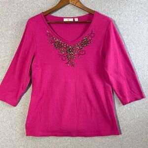 Quacker Factory Womens Fuchsia Pink V-Neck Rhinestone Embellished 3/4 Sleeve M